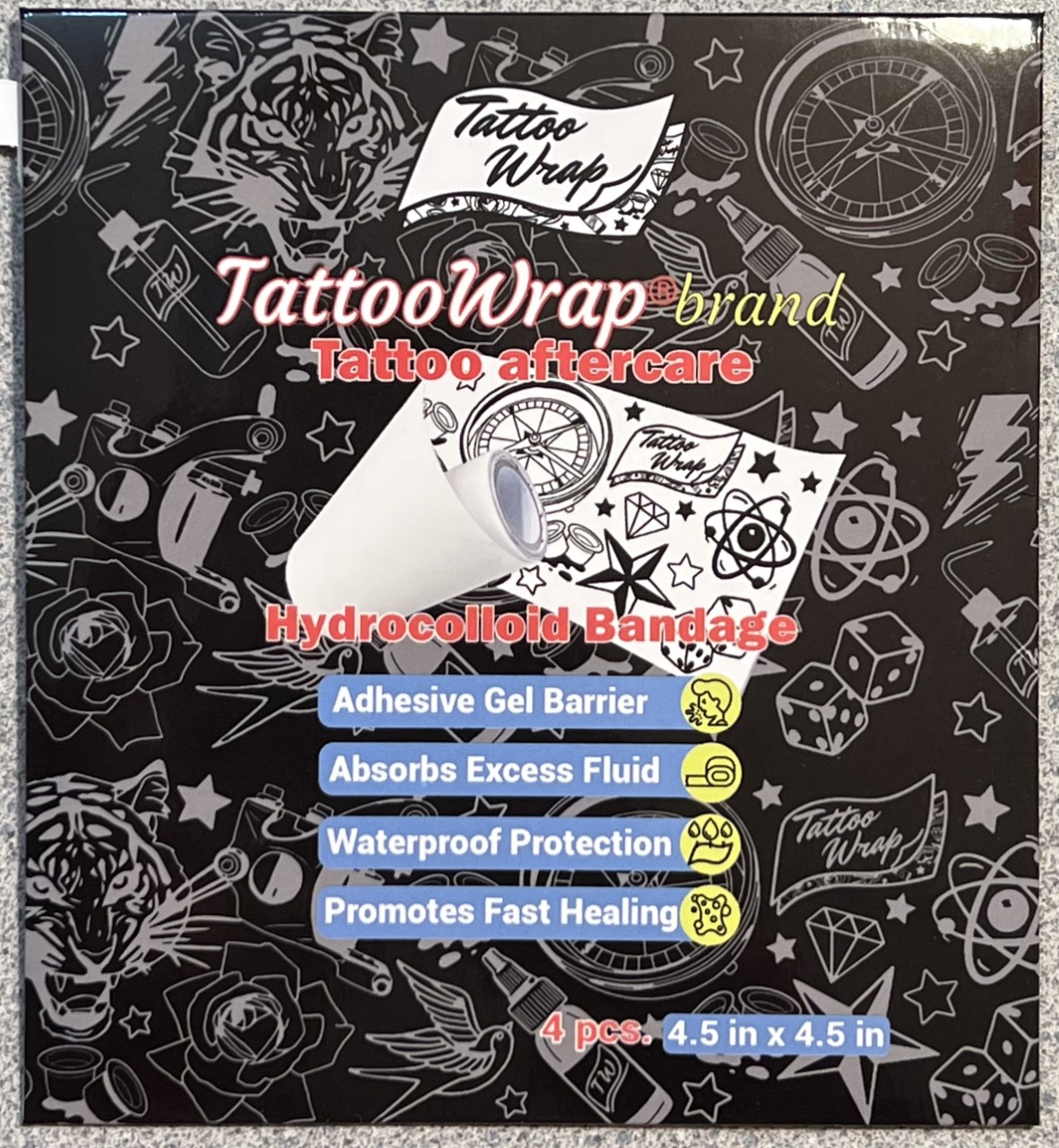 Tattoo Wrap - Hydrocolloid Tattoo aftercare dressing for tattoos 4.5"x 4.5" x 4ct