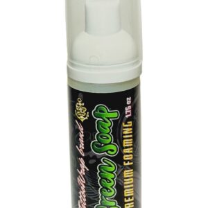 Lip balm tube with white cap and black label, standing upright.
