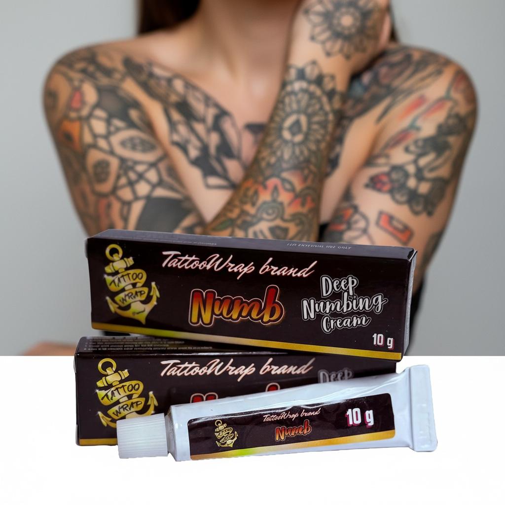 Boxes of TattoWrap Deep Numbing Cream (10 g) with tube in front, tattooed person in background emphasizing product packaging.