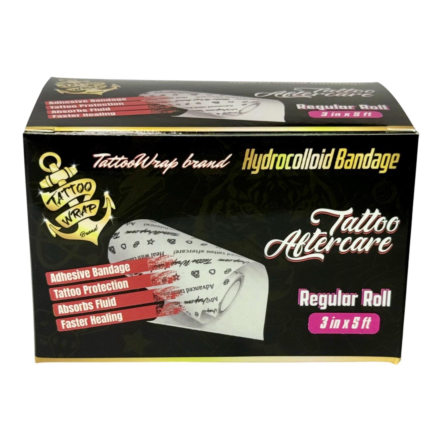 Tattoo Aftercare box showing Hydrocolloid Bandage, brand name TattooWrap, with a rolled adhesive bandage graphic on a black background.